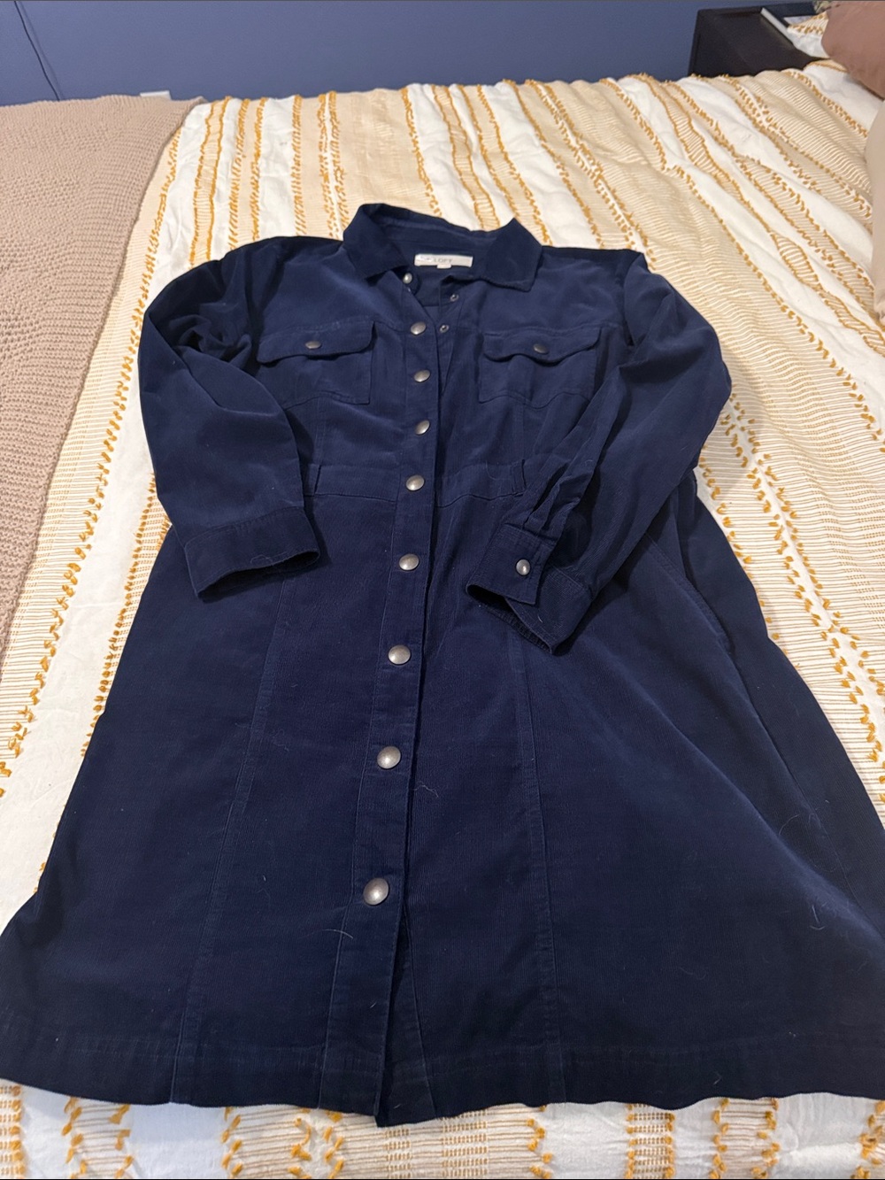 LOFT Navy Button-Front Corduroy Shirt Dress